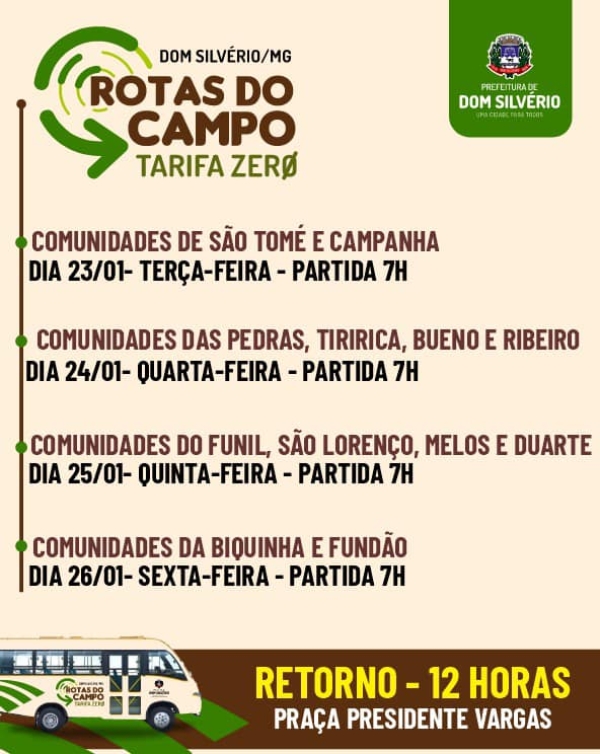 ITINERÁRIO DO &#039;ROTAS DO CAMPO&#039; PARA OS DIAS 23 A 26 DE JANEIRO