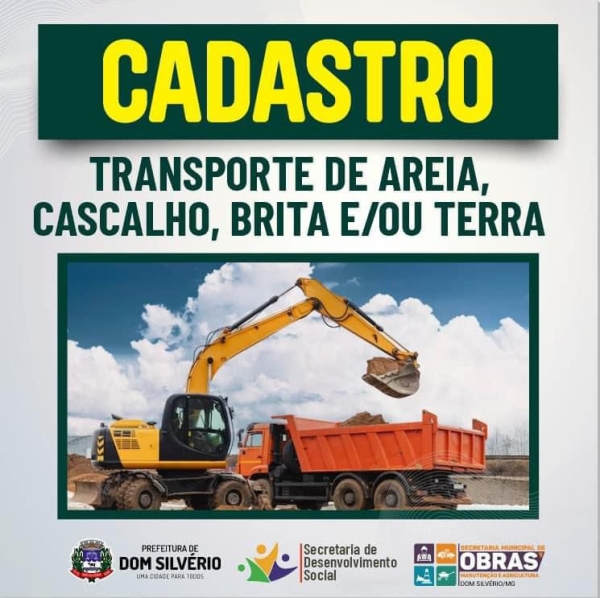 PREFEITURA INICIA CADASTRO PARA TRANSPORTE DE AREIA, CASCALHO, BRITA E/OU TERRA